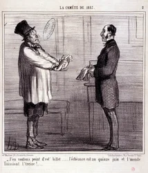 Sarjakuva tieteestä. Sarja aiheesta "" The Comete of 1857"": En halua lippua..." Kaiverrus Honore DAUMIER (1808-1879). Ote sanomalehdestä "" Le Charivari"" 4. maaliskuuta