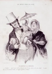 Sarjakuva perheestä. Sarja "" Elämän kauniit päivät"": Sunnuntai maaseudulla..." Kaiverrus Honore DAUMIER (1808-1879). Ote sanomalehdestä "" Le Charivari"" 21. heinäkuuta