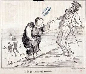 Sarjakuva turisteista lomalla. Sarja "" Axe Bains de Mer: "" Tulva, joka kantoi sen takaisin pelottavana! Kaiverrus Honore DAUMIER (1808-1879). Ote sanomalehdestä "" Le Charivari""