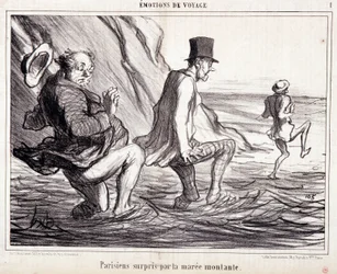 Sarjakuva turisteista lomalla. Sarja "" Axe Bains de Mer: "" Matkustustunteet. Nousevan tamman kiinni pariisilainen”. Kaiverrus Honore DAUMIER (1808-1879). Ote sanomalehdestä "" Le Charivari"" 8. lokakuuta