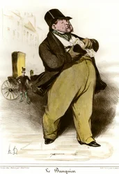 Pankkiirin pilapiirros julkaisusta "Le Charivari", 1835. Yksityiskokoelma