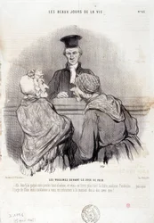 Sarja naapuruussuhteista: Sarja "" Elämän kauniit päivät"": "" Naapurit rauhantuomarin edessä..." Kaiverrus Honore DAUMIER (1808-1879). Ote sanomalehdestä "" Le Charivari"" 15. toukokuuta