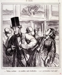 Sarjakuva taiteen ystävistä: Sarja “” Au salon””: Jätetään, rouva... nämä alastot ovat vastustajia... Palaan kokonaan yksin”” Kaiverrus Honore DAUMIER (1808-1879). Ote sanomalehdestä "" Le Charivari"" 5. toukokuuta