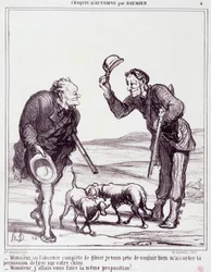 Sarjakuva metsästäjistä: Sarja "" Autumn Sketch"": "" Sir, koska riistaa ei ole lainkaan, antakaa minulle lupa ampua koirasi..." Kaiverrus Honore DAUMIER (1808-1879). Ote sanomalehdestä "" Le Charivari"" 28. syyskuuta