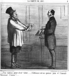 En halua lippuasi... Vaihto on 15. kesäkuuta ja maailmanloppu on kolmetoista!... : sarja otettu "" la comete de 19857" -sarjasta, kirjoittanut Honore Daumier (1808-1879). "Charivari"