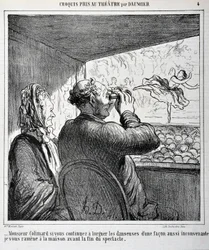 Herra Colimard, jos jatkat tanssijoiden katsomista niin sopimattomalla tavalla, vien sinut kotiin ennen esityksen päättymistä. Kaiverrus Honore Daumier (1808-1879) kirjassa "" Le Charivari"". Arkin koko: 24,6 x 36 cm. Palais Longchamp, Musee des Beaux Arts