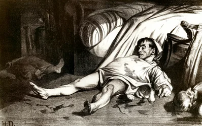 Rue Transnonainin verilöyly 14/04/1834: sotilaat surmaavat Pariisissa osoitteessa Rue Transnonain 12 sijaitsevan rakennuksen asukkaat ja valtaavat sen uudelleen yhden upseerinsa kuoleman jälkeen - Honoré Daumierin (1808-1879) litografia, 1837.