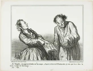 "- Ah, Théophile, mitä kauheita asioita olenkaan sinusta lukenut. Herra Desbarollesin kirjan mukaan voin sanoa, että sinulla on kämmenelläsi libertinagen rivit!... - No, niin...", levy 1 teoksesta Ces Bons Parisiens...