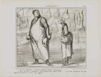 "- Herra teurastaja, toivotan teille hyvää ja tervettä uutta vuotta... - Mitä Tästä tulee hieno vuosi, tämä 1858... jokainen ruokakauppias nurkan takana saa myydä lampaanlihaani!...", levy 481 Actualitésista.
