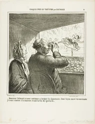 "- Herra Colimard, jos ette heti lopeta tanssijoiden tuijottamista niin sopimattomalla tavalla, vien teidät kotiin ennen esityksen loppua!", laatta 4 teoksesta Croquis Pris Au Théatre par Daumier.