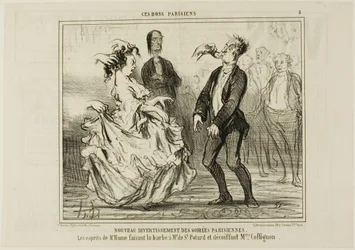 Uutta viihdettä Pariisin iltajuhlissa. Hume ajelee Monsieur de St. Potardin partaa ja avaa Madame Coffignonin hiuksia, levy 8 teoksesta Ces Bons Parisiens.