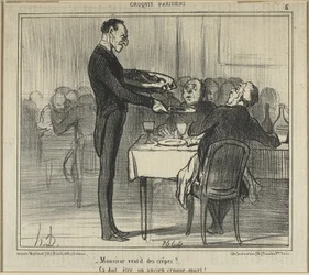 "Haluaisiko Monsieur crêpejä... - Hänen on täytynyt olla hautausurakoitsija", levy viisi teoksesta Croquis Parisiens (Pariisilaiset luonnokset).