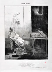 Honore Daumierin (1808-1879) Charivarin taideteos on vuodelta 1842: Serie HISTORIE ANCIE Les Nuits de Penelope "" Hänen suloisesta profiilistaan ​​Ikuisesti hänen suloisilla silmillään loisti kuin tähti Tarkoitus kutoa kolme vuotta ja hänen oveluutensa ja 