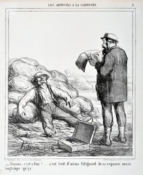 Honore Daumierin (1808-1879) taideteos. Charivari on vuodelta 1865: Serie LES ARTISTS KAMPANJASSA "" - Katsotaan, onko se ohi?... On edelleen väsyttävää levätä niin kauan kuin se...” KAUPUTAIDEMUSEO - PALACE LONGCHAMP, MARSEILLE