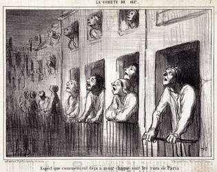 Sarjakuva tieteestä. Serie Sur "" la Comete de 1857"": "" Näkymä, joka alkaa jo olla joka ilta Pariisin kaduilla"". Kaiverrus Honore DAUMIER (1808-1879). Ote sanomalehdestä "" Le Charivari"". Koko 38 x 25 cm. Inv D - laatikko 7 Marseille,