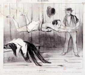 Sarjakuva turisteista lomalla. Sarja "Les Baigneurs": "La lecon a dry". Sarja "Les Baigneurs": "La lecon a dry". Honore DAUMIERin (1808-1879) kaiverrus. Ote sanomalehdestä "Le Charivari". Koko 25x36cm, laatikko 12 Marseille, Musee