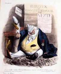 Daumierin sarjakuva tohtori Louis Desire Veronista ja sanomalehdestä "" Le Constitutionnel", n.d. c. 1840.