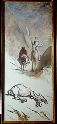 Don Quijote ja kuollut muuli Kuvitus Miguel Cervantesin romaanista "Don Quijote de la Mancha" (El ingenioso Hidalgo Don Quijote de la Mancha). Honore Daumierin (1808-1879) maalaus. 1800-luvun aurinko. 1,32x0,54 m.