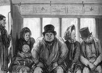Omnibussin sisätilat. Piirustus Honore Daumier (1808-1879).
