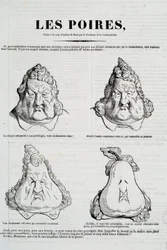 Päärynät: Karikatyyri, joka esittää Louis-Philippen kasvojen muodonmuutosta päärynäksi. Honoré Daumierin (1808-1879) piirros Charles Philiponin (1806-1862) alkuperäisen piirroksen mukaan, "La Caricature", tammikuu 1832, Pariisi, Musée Carnavalet