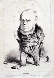 Proudhon, "" sosialismin apostoli, omaisuuden vihollinen ja sen patentoitu tuhoaja"" - kirjoittanut Daumier, kirjassa "" Charivari" 6.1.1849