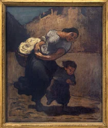 Myrsky (laventeli). Nainen, jolla on lyhyt kori lapsen kanssa, luultavasti suojautuakseen sateelta. Honore Daumierin (1808-1879) taideteos, öljy pahville