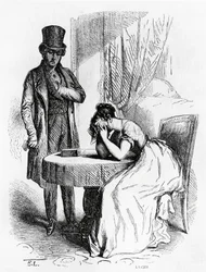 Nainen epätoivossa miehen katseessa, Honore de Balzacin (1799-1850) kuvitus Ferragusista, ranskalainen painos