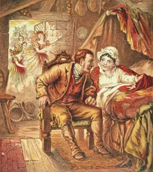 Tom Thumbin syntymä, kuva Hoitajien kuvakirjasta, kaiverrus Kronheim & Co., 1869