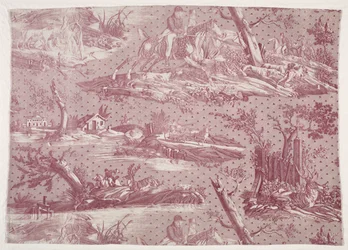 Fragmentti kuparipainettua puuvillaa metsästyskuvalla, n. 1815.