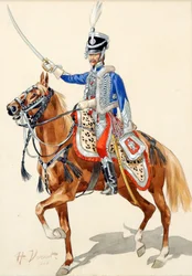Hussard russe levant pojan sapeli - Venäjän husaari nostamassa sapeliaan par Vernet, Horace (1789-1863), - Akvarelli ja muste paperille, 30x21 - Yksityiskokoelma