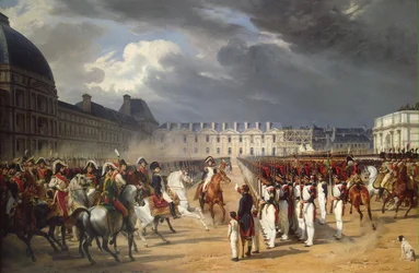 Sotainvalidi ojentaa Napoleonille anomuksen paraatissa Tuileries’n palatsin pihalla