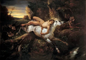 Mazeppa. Kuvitus Lord Byronin tai Victor Hugon runoon: sankari Mazeppa sidotaan villihevoseen sen jälkeen, kun hän on loukannut aatelismiestä. Émile Horace Vernet