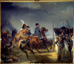 Ienan taistelu 14.10.1806, keisari Napoleon I (1769-1821), Joachim Murat ja Louis Alexandre (Louis-Alexandre) Berthier läpäisivät vartijakatsauksen Emile dit Horace Vernet (1789-1863) maalaus 1836 Dim 4, 65x5,43 m