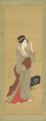 Geisha säätelemässä kilpikonnankuorista hiusneulaa, 1700-luvun loppu.