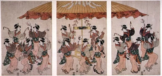 Sumiyoshi Dance, triptyykki, n. 1791 (värillinen puupainatus)