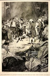 Kapteeni Pearsonin antautuminen John Paul Jonesille Bonhomme Richardin kannella vuonna 1779 (litho)