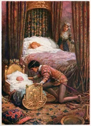 "Hän kumartui suutelemaan pientä vauvaa", Lilia E. Romanon italialaisista saduista, julkaisija Raphael Tuck & Sons (värilitho)