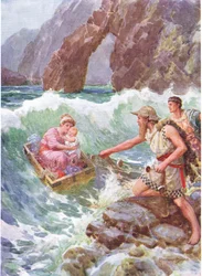 "Hän piirsi hänet ja vauva turvallisesti kallion reunalle", kuvitus "Kuinka Perseus ja hänen äitinsä tulivat Seriphosiin", Charles Kingsleyn (1819-75) kirjasta "Kuinka Perseus ja hänen äitinsä tulivat Seriphosiin", kirjoittanut Charles Kingsley (1819-75)