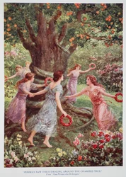 "Perseus näki heidän tanssivan hurmatun puun ympärillä" (väri litho)