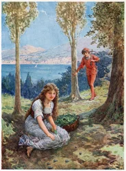 "Yhtäkkiä hän pysähtyi ja katsoi hämmästyneenä", Lilia E. Romanon italialaisista saduista, julkaisija Raphael Tuck & Sons (värilitho)