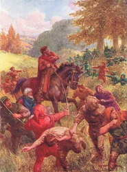 The Rescue of Sir Richard of the Lea, kuva Robin Hoodista ja hänen elämästään Merry Greenwoodissa, kertonut Rose Yeatman Woolf, julkaisija Raphael Tuck