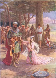 Prinsessa lähestyi isäänsä St. James of Spain ja prinsessa Celestine, The Seven Champions of Christendom, Rose Yeatman Woolf, julkaisija Raphael Tuck