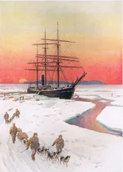 "Unloading the Terra Nova in McMurdo Sound", kuvitus C. Sheridan Jonesin teoksesta "Brave Deeds by Brave Men", pub. 1922 (litho)