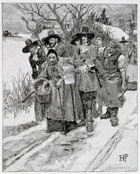 Arresting a Witch, kaiverrettu J. Bernstrom, kuvitus Thomas Wentworth Higginsonin teoksesta The Second Generation of Englishmen in America, pub. Harper