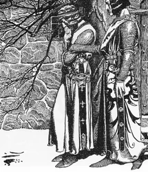Arthurian Legend: The Knight Kay (Keu) ja Perceval (Sir Kay ja Sir Percival) Howard Pylen (1853-1911) kuvitus teoksesta "Pyöreän pöydän mestareiden tarina" 1905 Yksityinen kokoelma