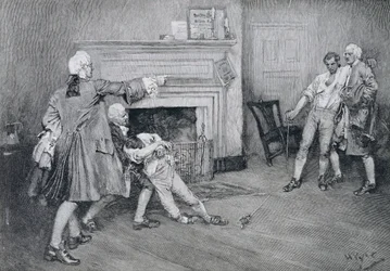 Kapteeni Tollemachen ja kapteeni Penningtonin tapaaminen "The City Armsissa", kuvitus John Austin Stevensin "Old New York Taverns" -julkaisusta, pub. Harper