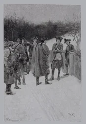 Paul Revere tuo uutisia Sullivanille, kaiverrettu F.H. Wellingtonin toimesta, kuvitus Ballard Smithin teoksesta 