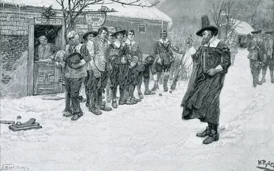 Puritaaninen kuvernööri keskeyttämässä jouluurheilun, kaiverrus J. Bernstrom, kuvitus George William Curtisin teoksesta "Christmas", pub. Harper