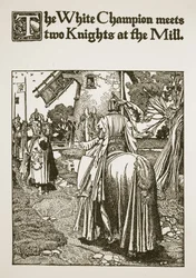 Valkoinen mestari tapaa kaksi ritaria tehtaalla, kuvitus elokuvasta "Kuningas Arthurin ja hänen ritariensa tarina", 1903