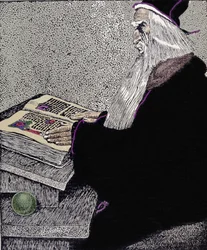 Taikuri Merlin. Amerikkalaisen pilapiirtäjän Howard Pylen (1853 - 1911) kuvitus "Kuningas Arthurin ja hänen ritariensa tarina"